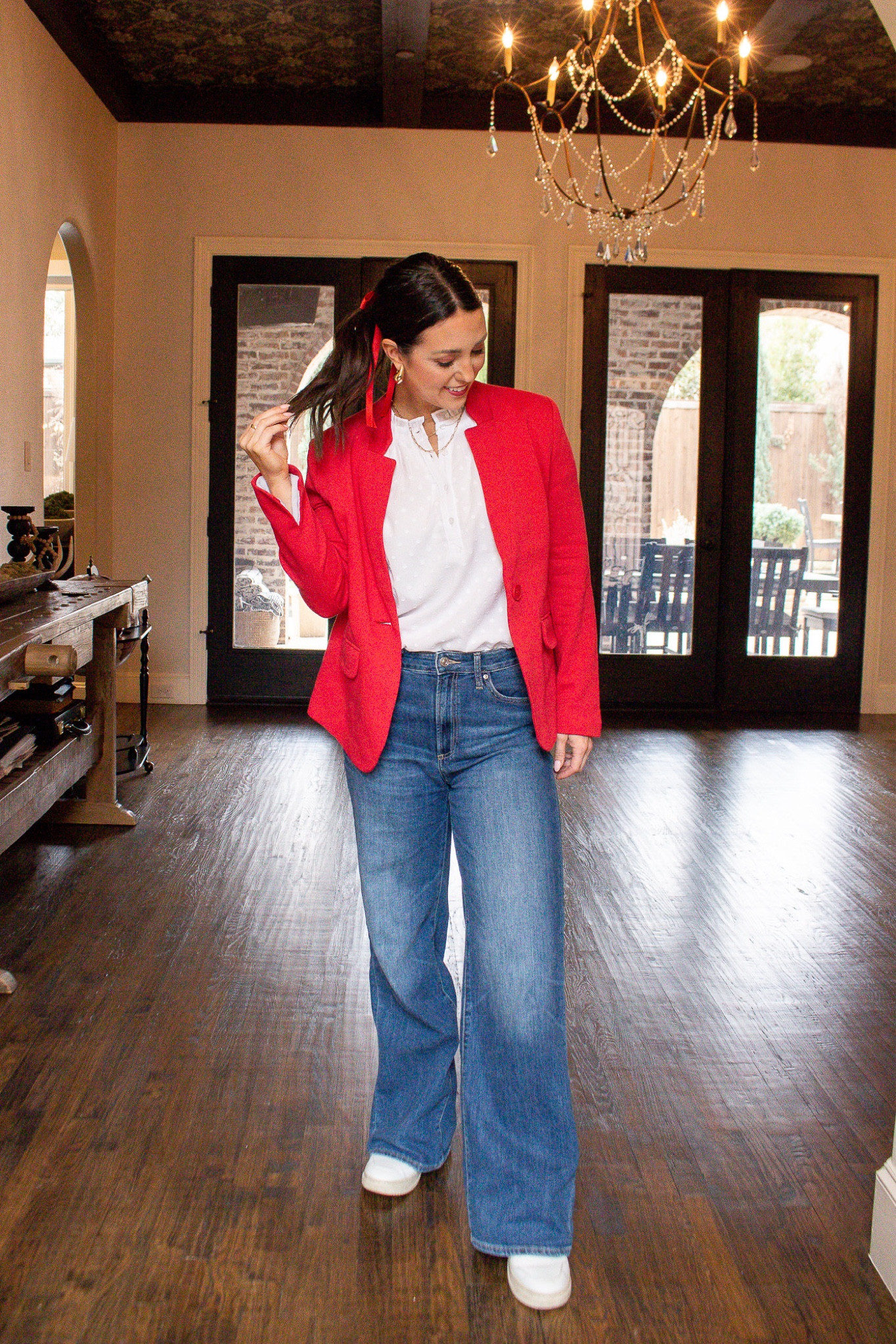 Casual Valentine’s Day look - wide leg jeans, white ruffle tee and red blazer 

#LTKSeasonal #LTKstyletip #LTKworkwear