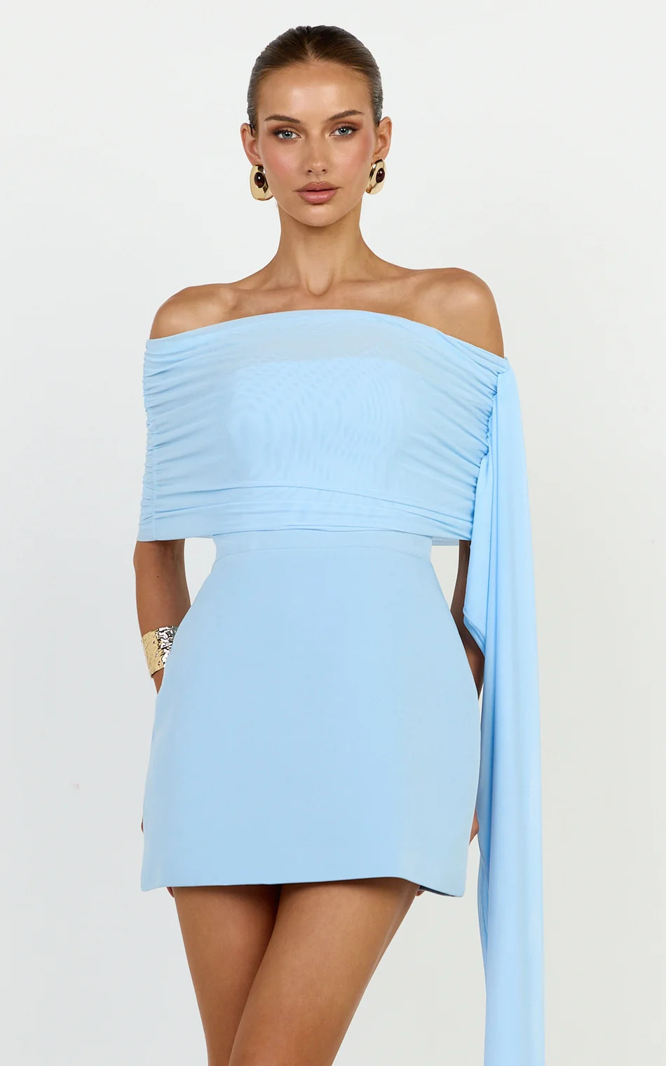 Off Shoulder Contrast Mesh Draped Overlay Dress in Blue | Showpo (ANZ)