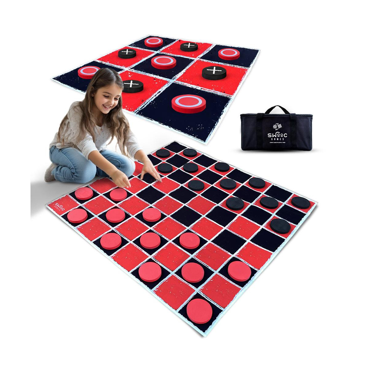Swooc 2-in-1 Vintage Giant Checkers & Tic Tac Toe Game W/ Mat - 100% Machine-Washable Canvas With Big Foam Discs - Giant Games | Macy's
