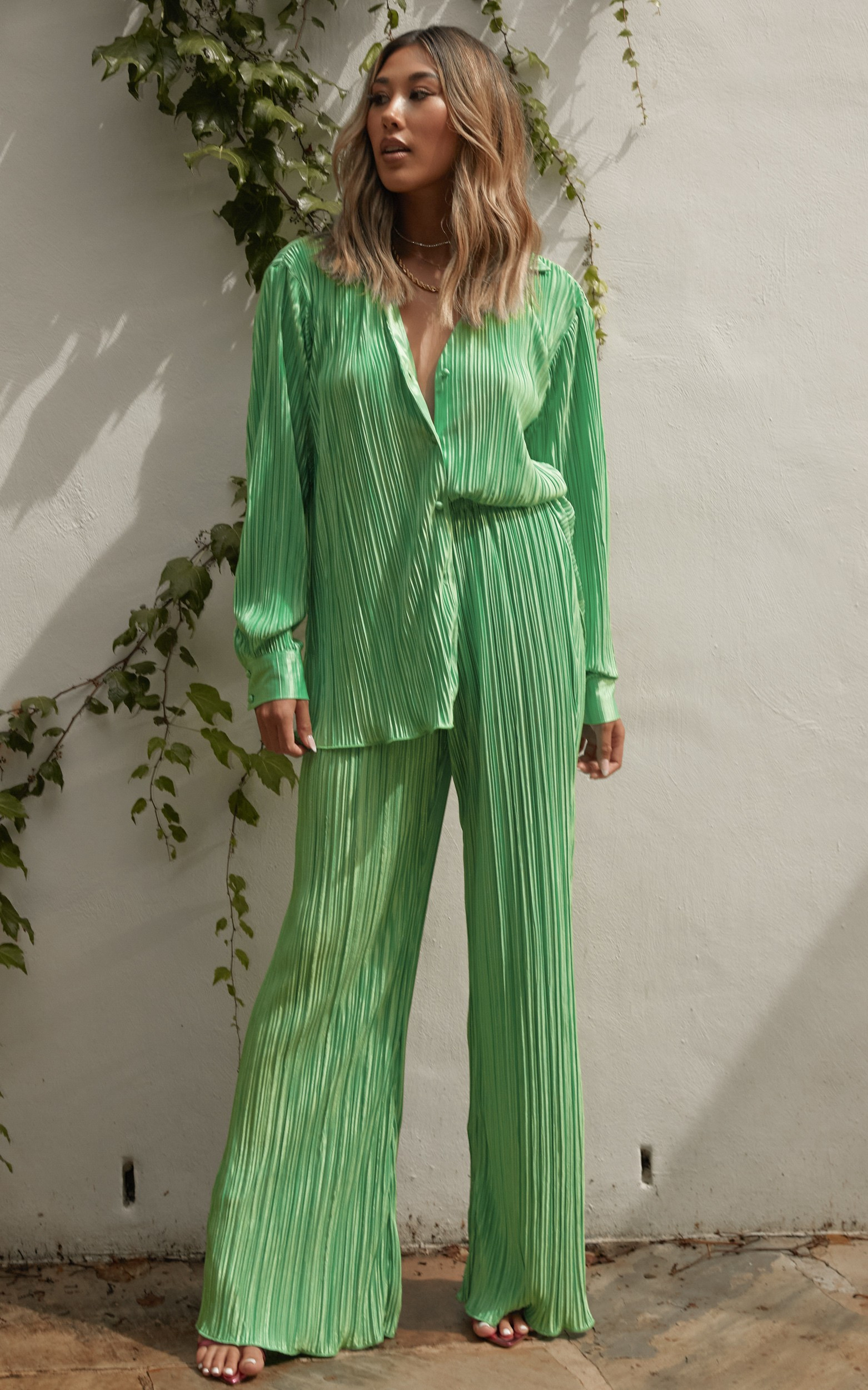 Beca Plisse Flared Pants in Bright Green | Showpo - deactived