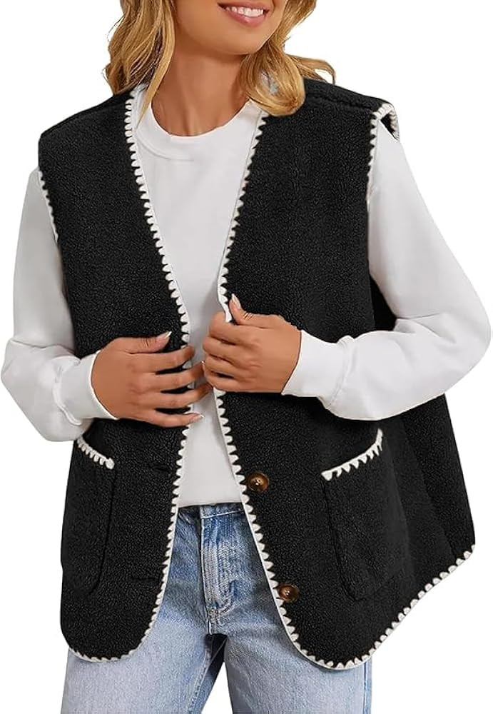 Women Fleece Lightweight Vest V Neck Open Front Button Down Sleeveless Casual Warm Sherpa Outwear... | Amazon (US)