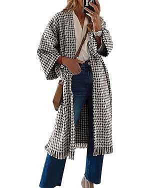 miduo Womens Long Sleeve Open Front Oversized Fit Houndstooth Plaid Long Cardigans Coats JACKETS ... | Amazon (US)