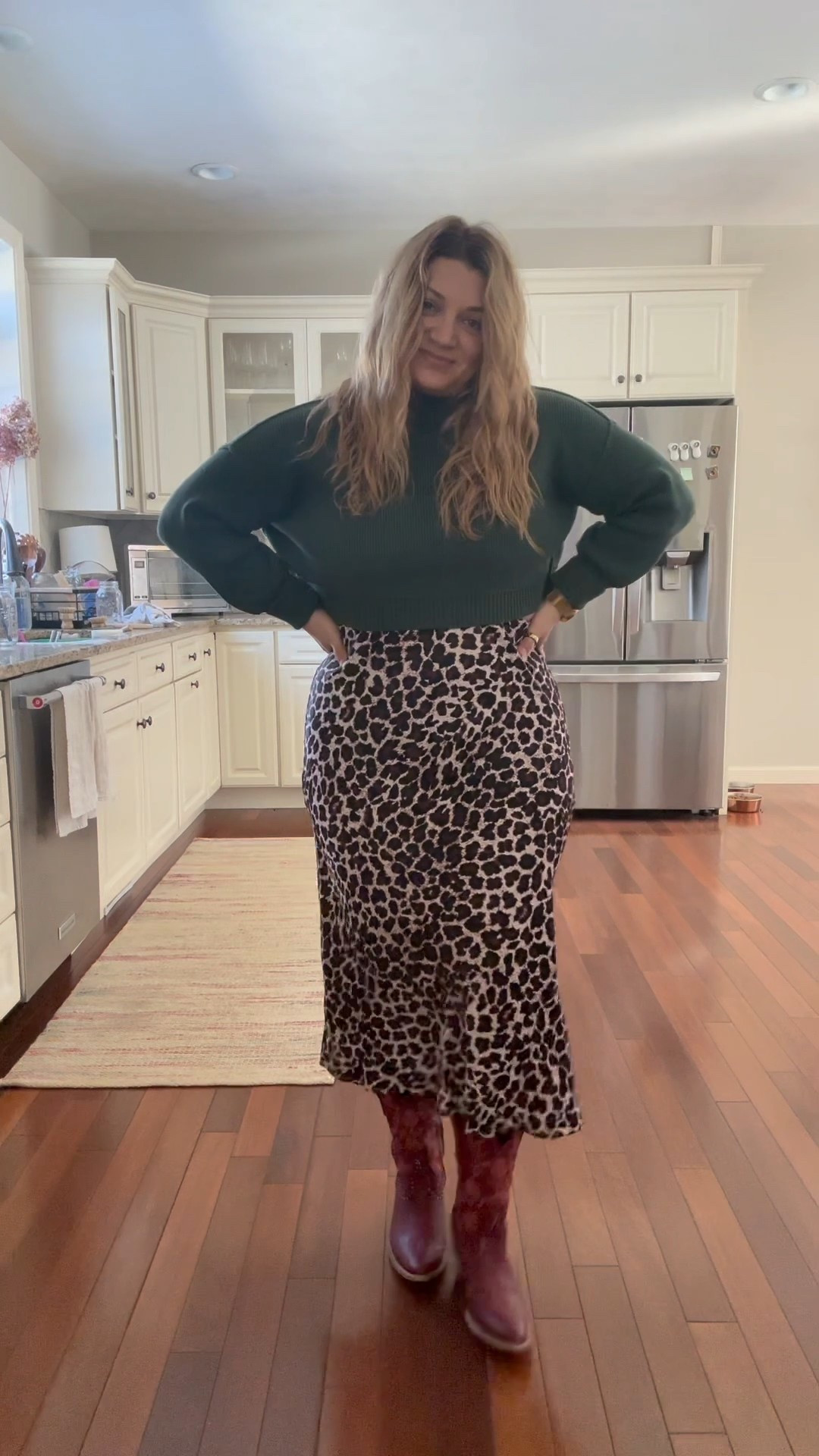 Church fit! I love a good slip skirt with a sweater and these boots have been my go to all winter. Love them!
Exact colors I’m wearing are not available but the items are.