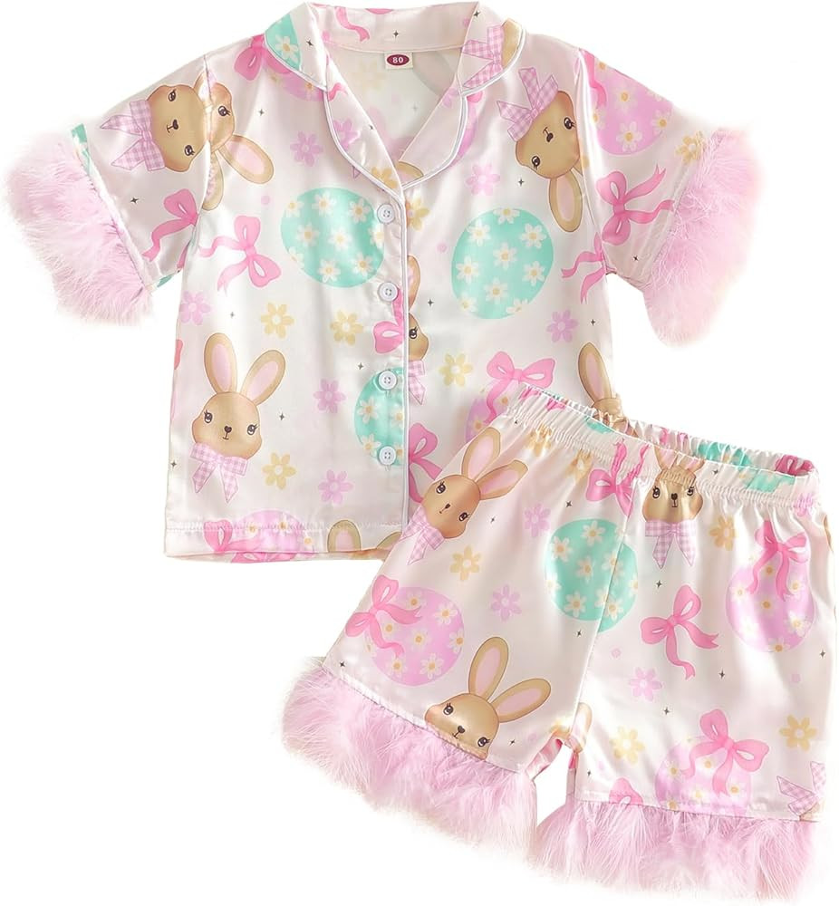 Toddler Baby Girl Easter Bunny Pajamas Kids Rabbit Bow Dots Lapel Button Pajama Shorts Satin Silk... | Amazon (US)