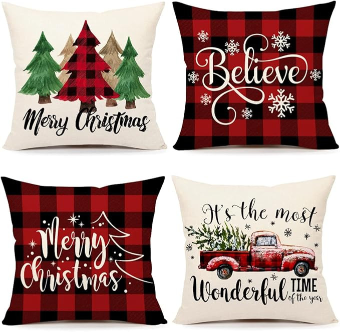 4TH Emotion Buffalo Check Christmas Pillow Covers 18x18 Set of 4 Red Black Farmhouse Christmas De... | Amazon (US)