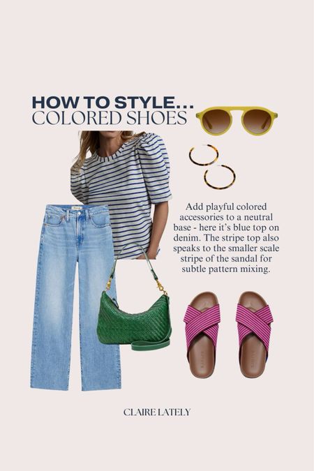 How to style colored shoes - Rothy’s sandal slide, madewell wide leg denim, Clare v bag, stripe top, Krewe sunglasses, tortoise hoop earrings 
❤️ CLAIRE LATELY 

#LTKstyletip #LTKitbag #LTKSeasonal