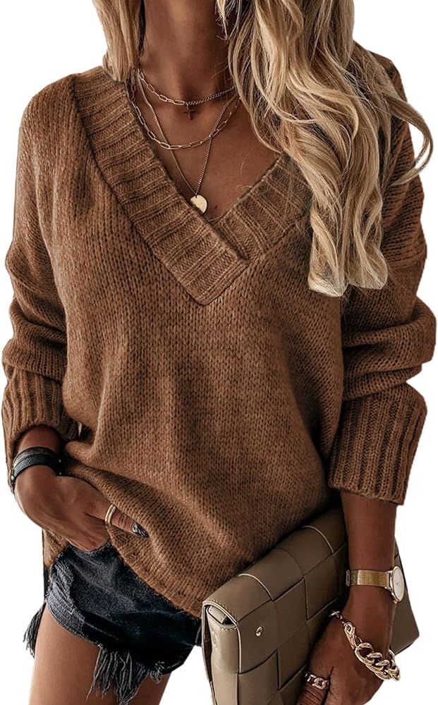 Oversized Sweaters for Women Sexy Deep V Neck Long Sleeve Cable Knit Sweater Loose Jumper Tunic Pull | Amazon (US)