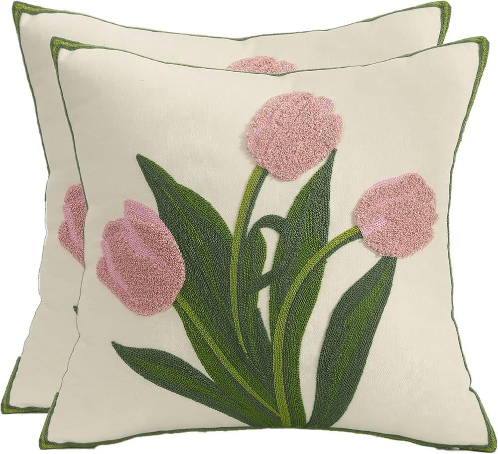 Tosleo Farmhouse Pink Tulip Embroidered Decorative Throw Pillow Covers 18x18 Set of 2 Flowers Tuf... | Amazon (US)