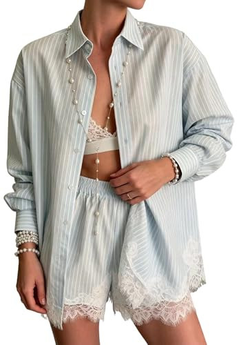 Sezhgswd Shorts Sets Women 2 Piece Outfits Striped Long Sleeve Shirt Plus Size Lace Linen Short Set Sexy Going Out Outfits | Amazon (US)