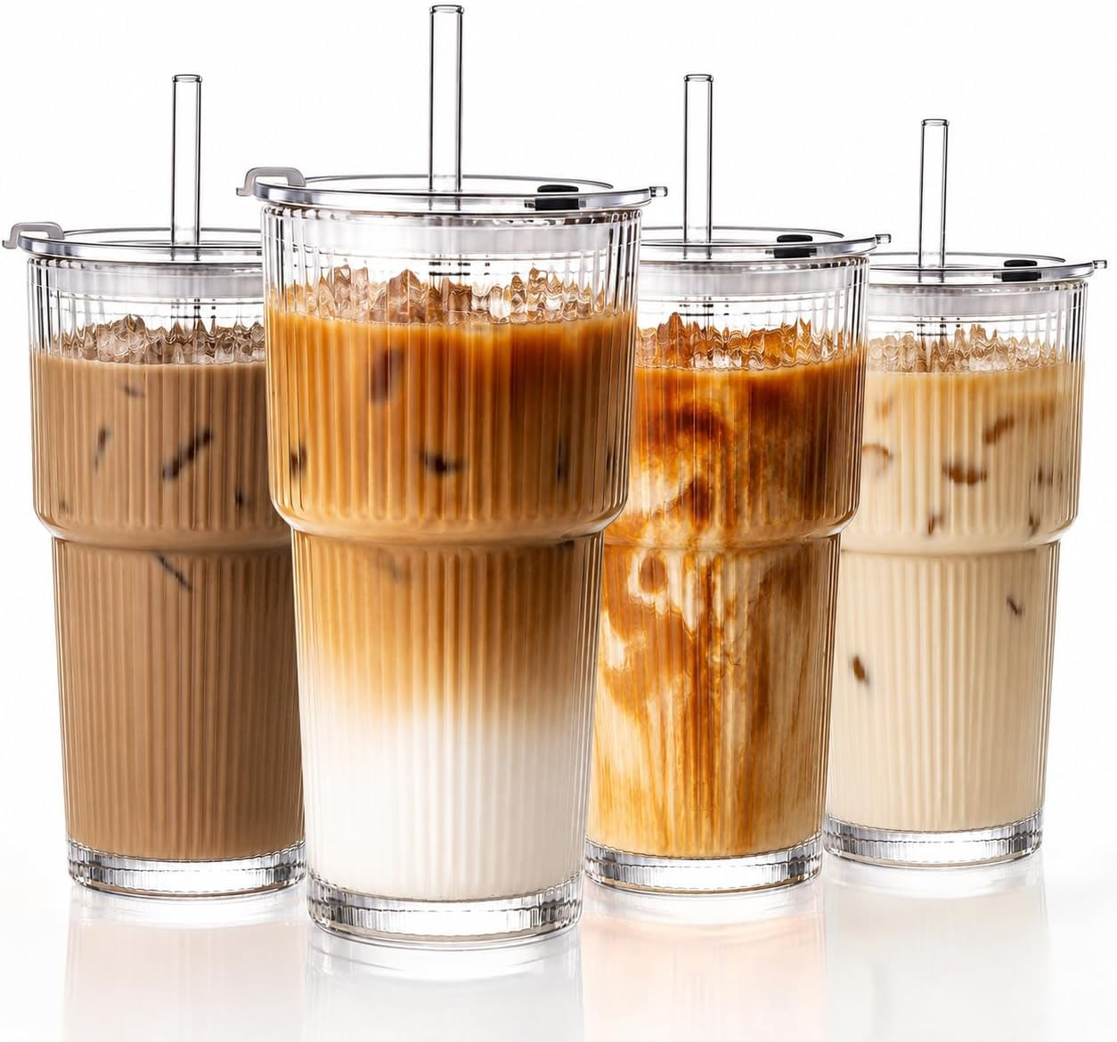 GOSCHE 20oz Glass Cups with Lids and Straws, Ribbed Iced Coffee Cups, Thickened Glass Tumbler Set Ideal for Coffee, Smoothies, Cocktails, and Juices, Clear, 4 Pack | Amazon (US)