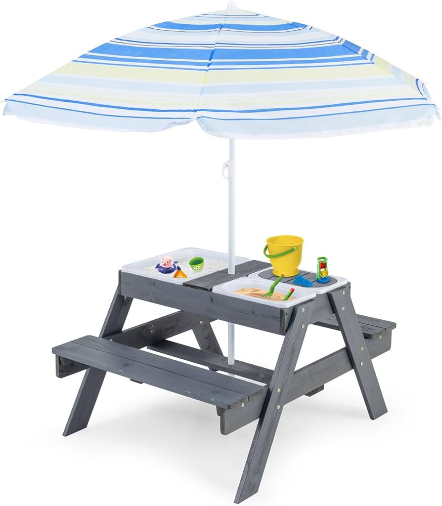 HONEY JOY Kids Picnic Table, 4 in 1 Cedar Wooden Sand & Water Table w/ 2 Removable Box & Umbrella... | Amazon (CA)
