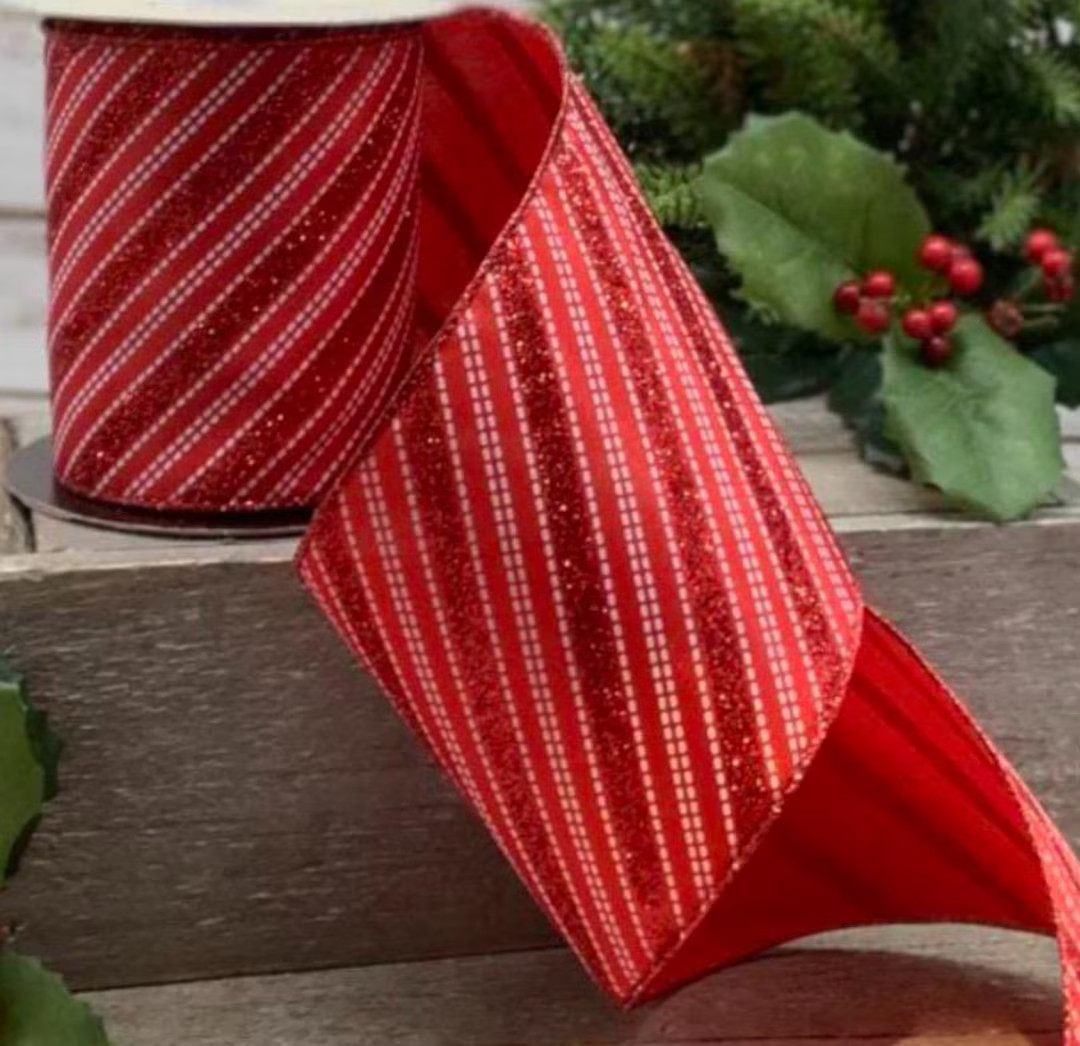 D Stevens, 10 Yards, 4 Inch Wired Ribbon, Glitter Stripe Ribbon, Red Ribbon, Christmas Ribbon, Gl... | Etsy (US)