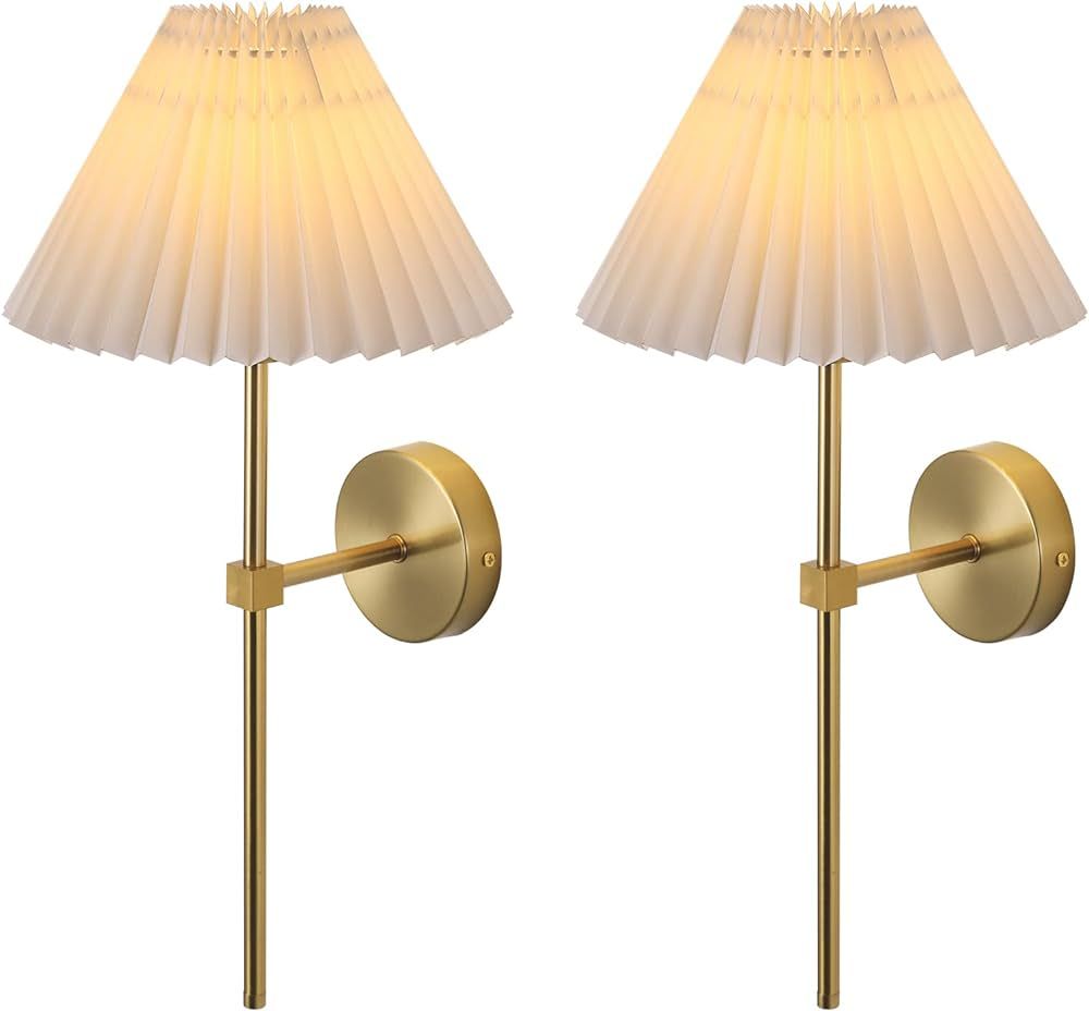 KELUOLY Wall Sconces Sets of 2 White Fabric lampshade Gold Wall Lamp Column Bracket Wall Lighting... | Amazon (US)