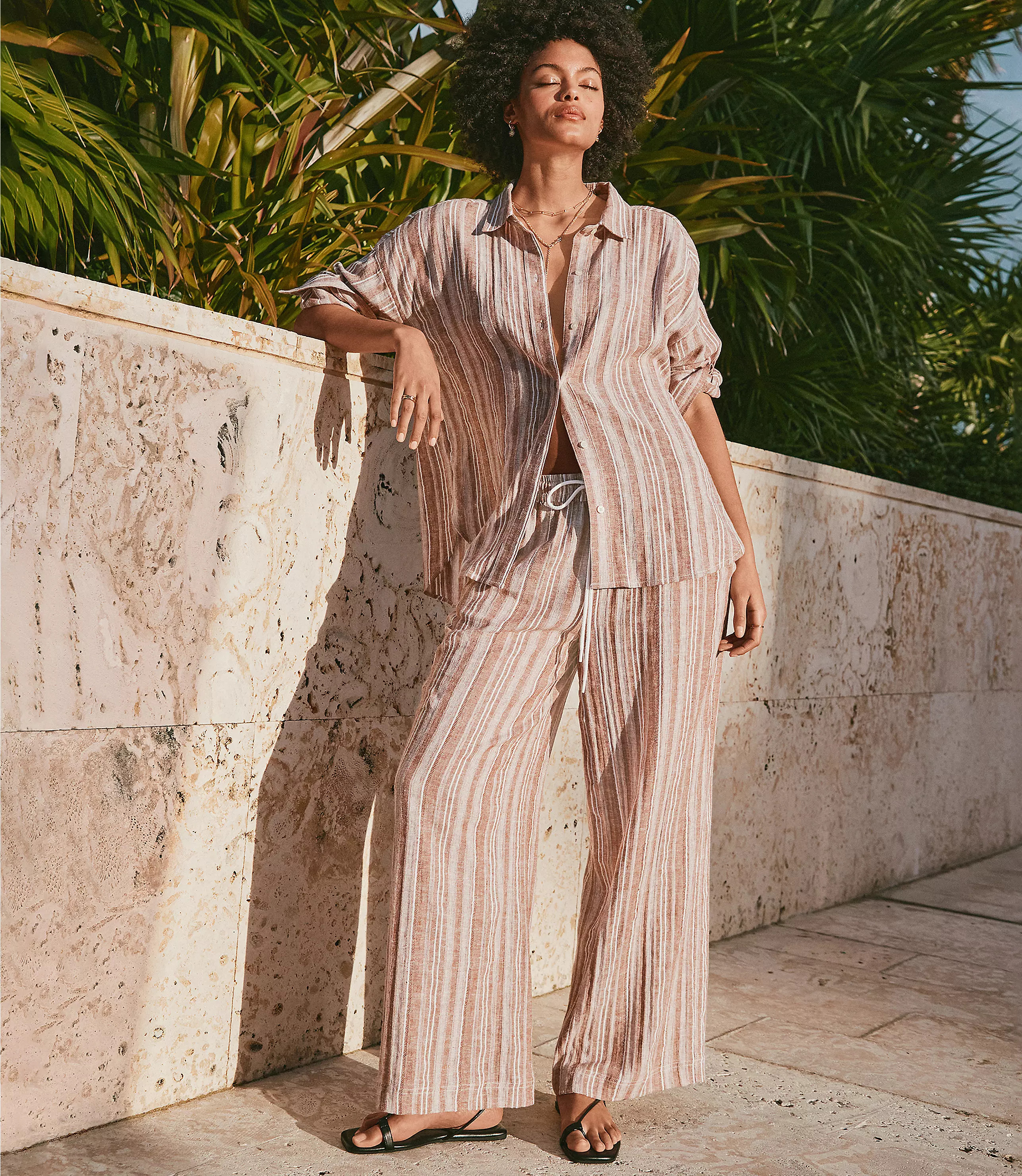 Petite Lou & Grey Striped Linen Cotton Wide Leg Crop Pants | LOFT