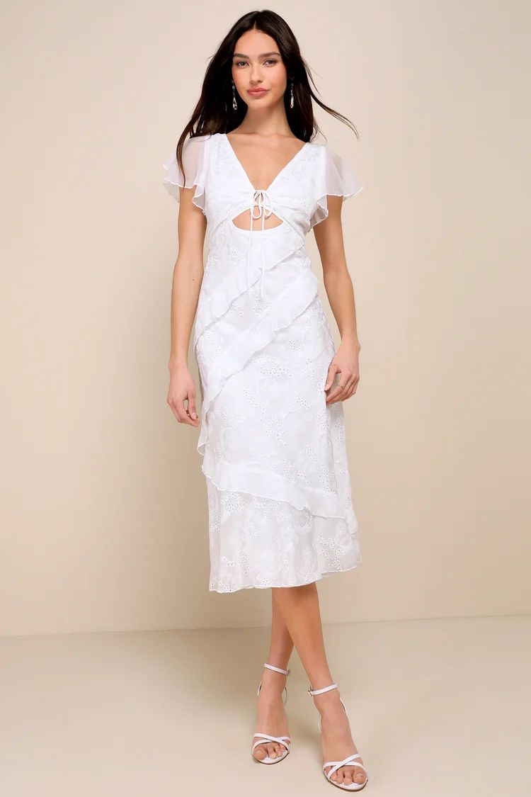 Charming Whimsy White Eyelet Ruffled Tie-Back Midi Dress | Lulus