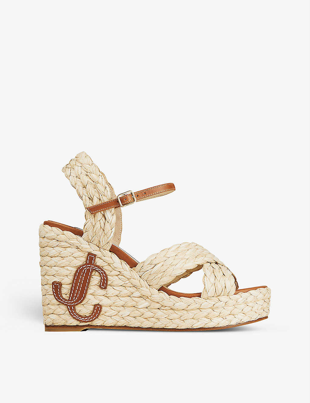 JIMMY CHOO Dellena 100 raffia and leather wedge sandals | Selfridges