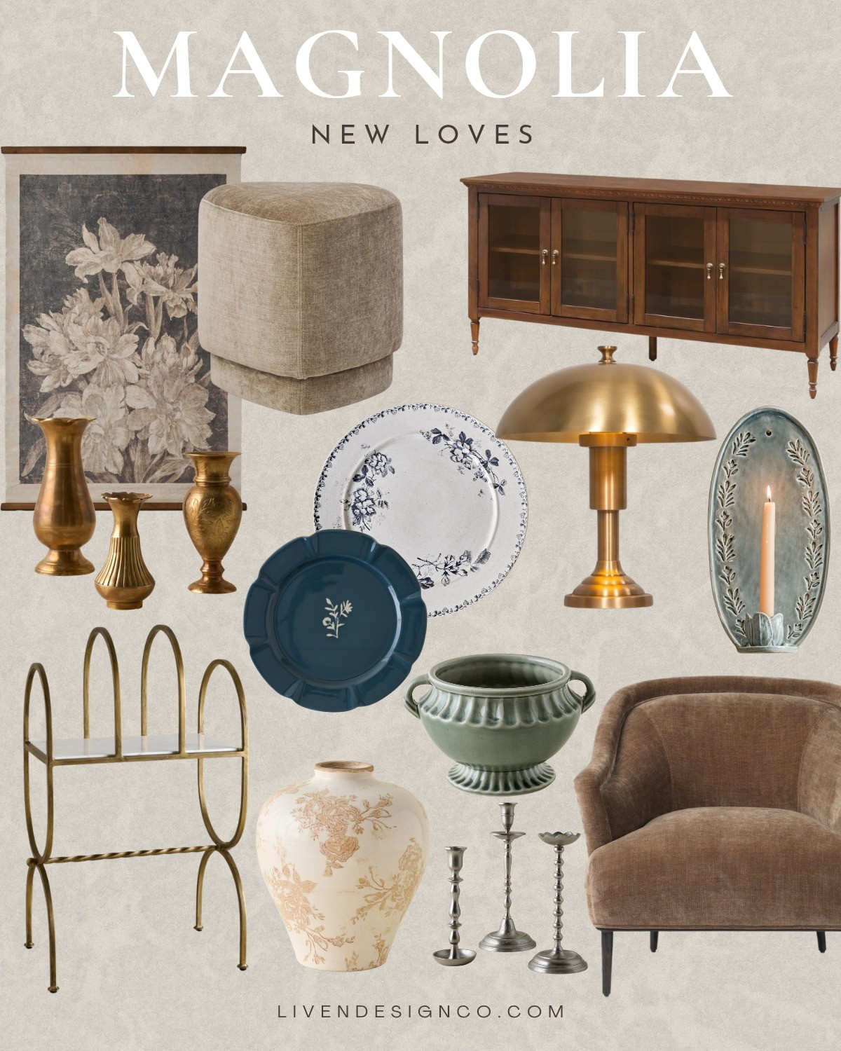 Magnolia new home decor. Farmhouse modern. Traditional. Living room. Ottoman. Tapestry. Brass vases. Vintage decor. Sideboard. Brass table. Dinnerware. Cottagecore. Brass lamp. Sconce

#LTKHome #LTKSeasonal #LTKSaleAlert