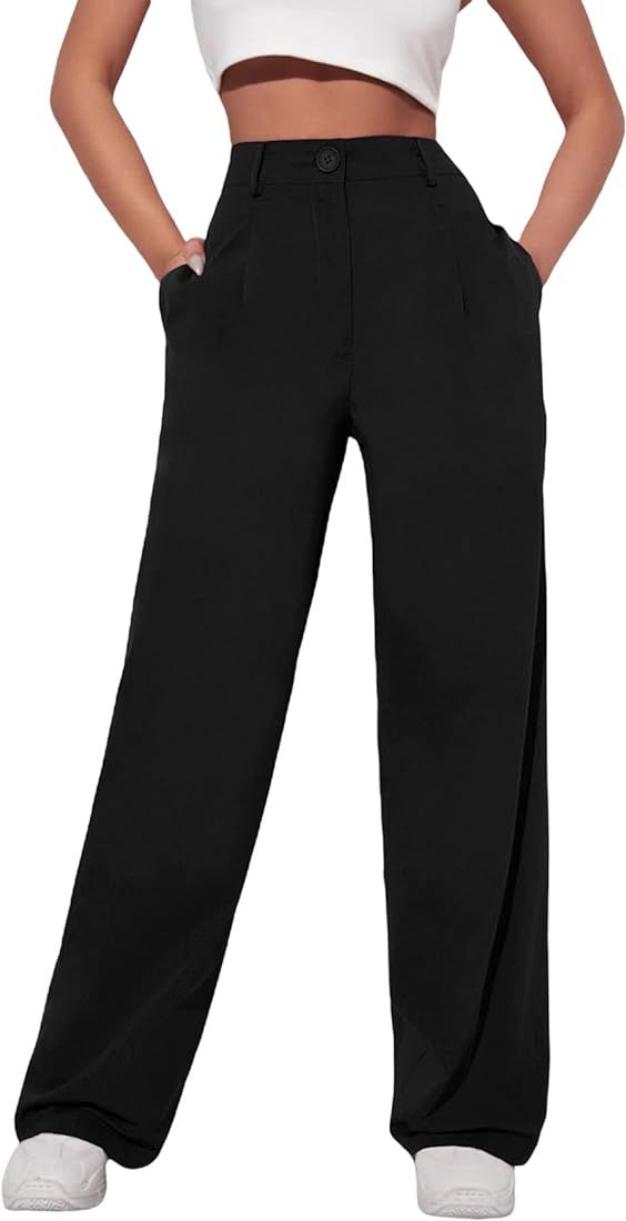 OYOANGLE Women's Fashion High Waisted Wide Leg Zipper Button Down Straight Long Trousers Pants with  | Amazon (US)