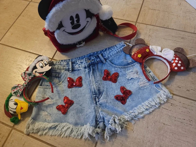 Magical Sequin Bow Raw Hem Denim Shorts - Etsy | Etsy (US)