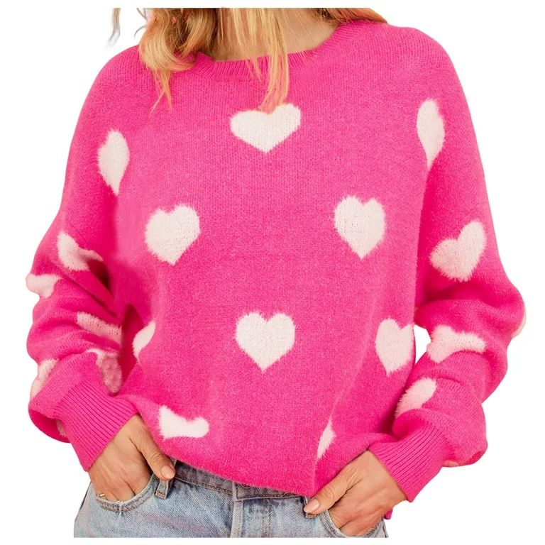 JGGSPWM Womens Heart Print Sweaters Long Sleeve Valentines Sweater Winter Pullover Cute Jumper Cr... | Walmart (US)