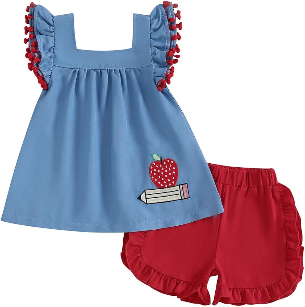Pudcoco Kids Toddler Girls Back to School Outfit First Day of School Apple Pencil Embroidery Top ... | Amazon (US)