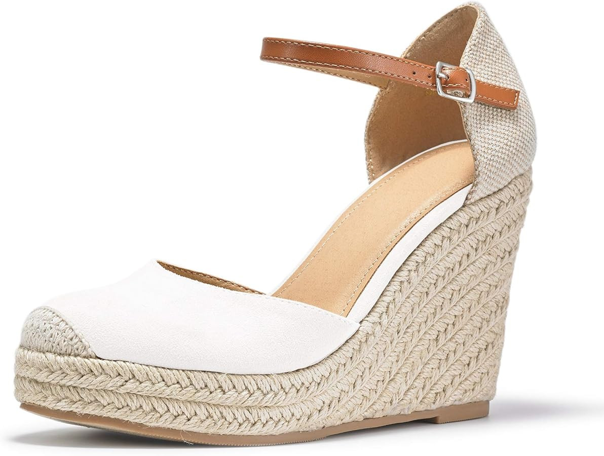 FISACE Womens Summer Espadrille Heel Platform Wedge Sandals Ankle Buckle Strap Closed Toe Shoes | Amazon (US)
