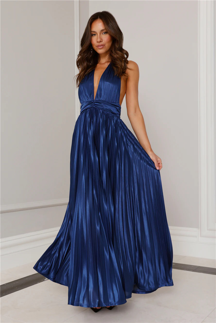 Shimmering Sea Pleated Halter Maxi Dress Navy | Hello Molly (US)