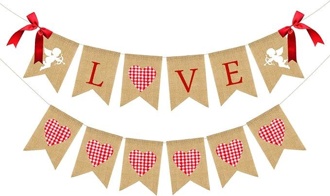 Amazon.com: JOZON Love Burlap Banner and Pink Plaid Heart Burlap Banner Valentine's Day Bunting B... | Amazon (US)