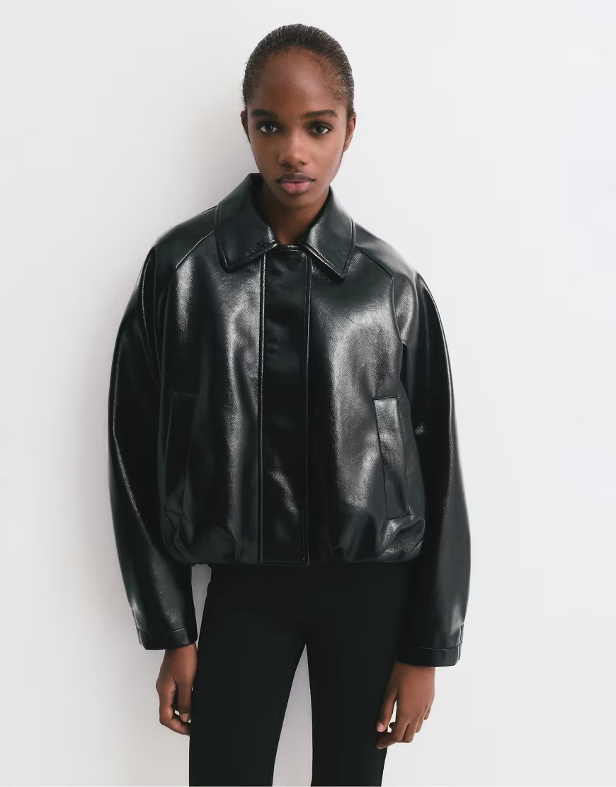 Pull&Bear Faux vinyl bomber jacket in black | ASOS (Global)