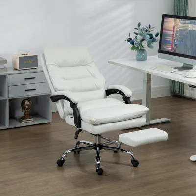 Cream White Microfibre Executive Massage Office Chair, Computer Desk Chair, Heated Reclining Chair, With Footrest, Double-Tier Padding, Swivel Wheels | Wayfair North America