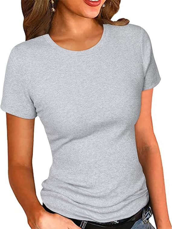 PALINDA Women's Crew Neck Ribbed Fitted Shirt Basic Short Sleeves Summer T Shirt Tops | Amazon (US)