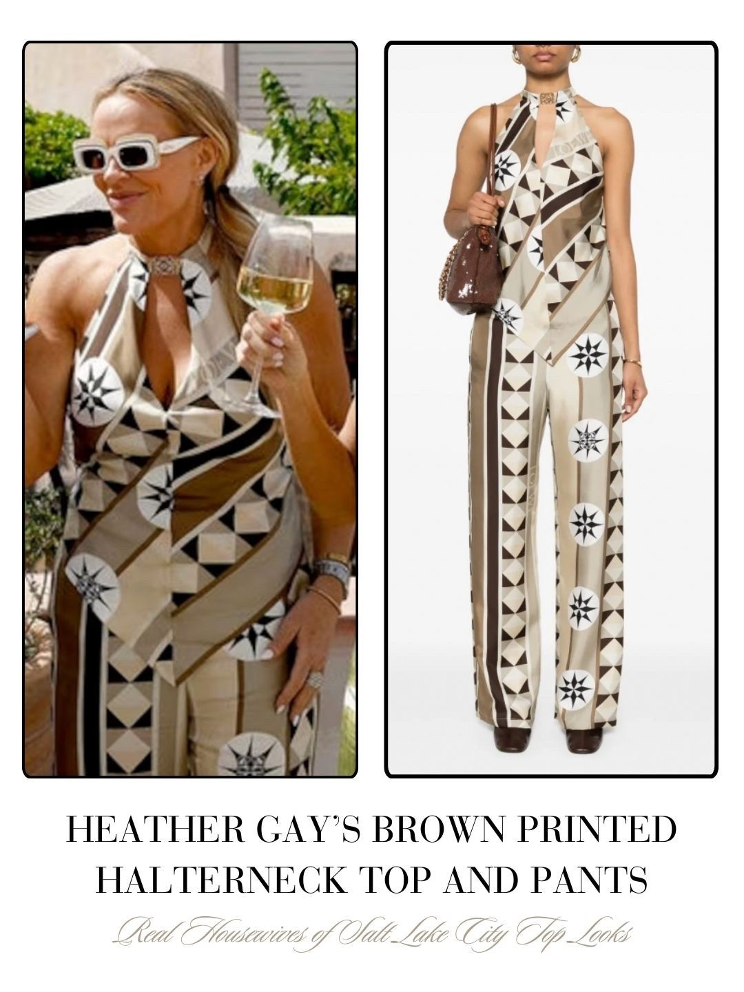 Heather Gay’s Brown Printed Halter Top and Pants 📸 = @bravo 