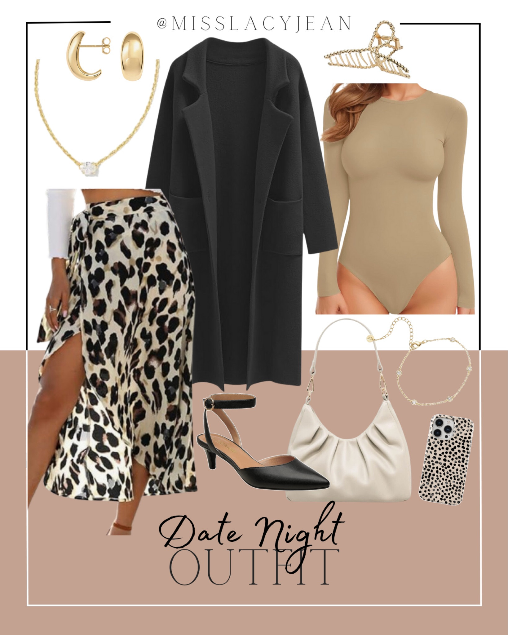 Date night outfit includes skirt, bodysuit, cardigan, heels, handbag, cell phone case, bracelet, necklace, and earrings

#LTKworkwear #LTKshoecrush #LTKstyletip