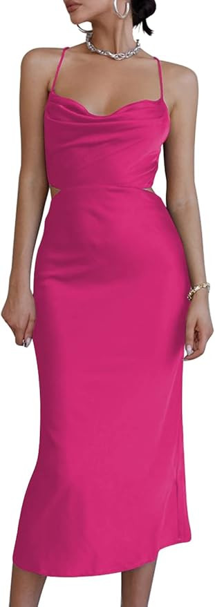 LYANER Women's Satin Cowl Neck Straps Slip Sexy Cut Out Cocktail Midi Dress | Amazon (US)