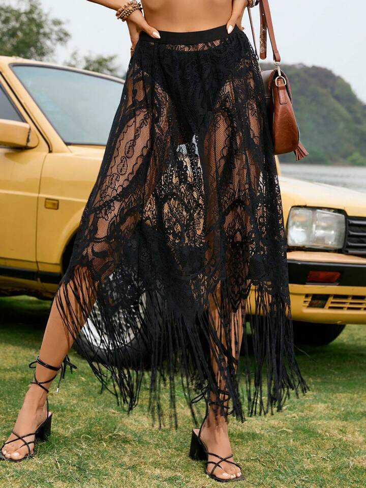 SHEIN VCAY Solid Color Lace Vacation Solid Color High Waisted Long Lace See-Through Women's Skirt... | SHEIN