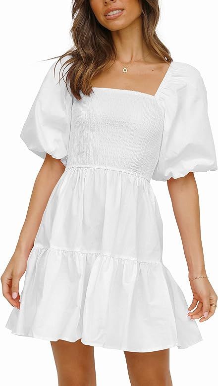 Atizon Women’s Summer Short Dress Smocked Square Neck Puff Sleeve Dress Vintage Off Shoulder A Line  | Amazon (US)