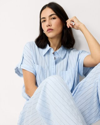F&F Modal Rich Pinstripe Short Sleeved Shirt in Blue | Tesco F&F