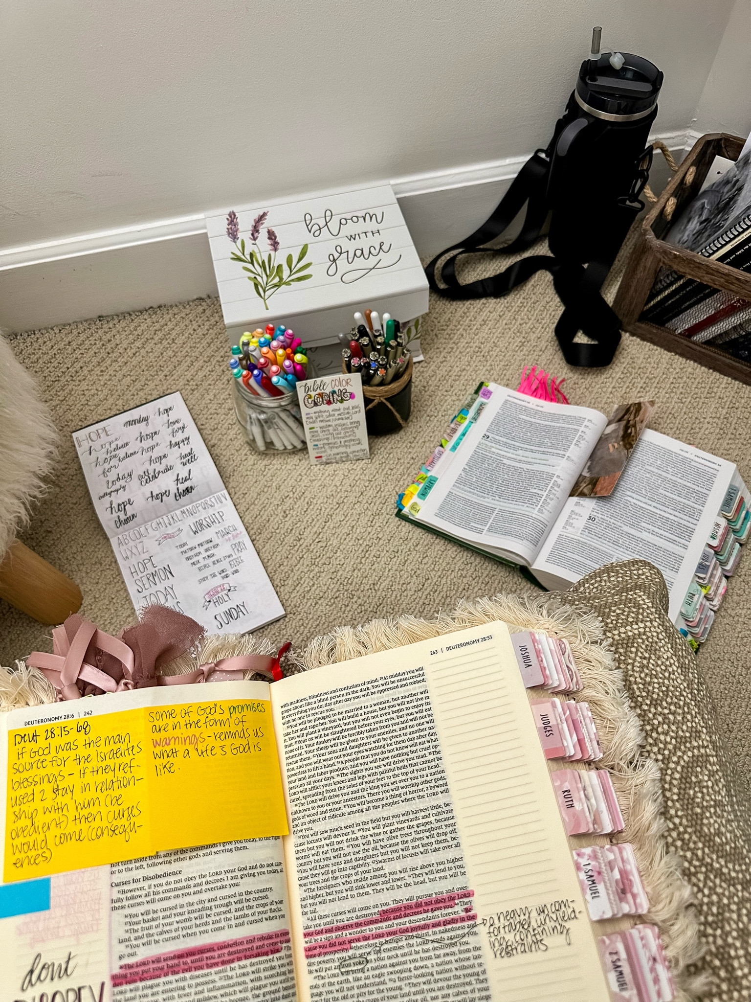 Quiet time essentials (some are currently on sale!) 
 I have my highlighters…pens…sticky notes…bookmarkers…color coding reference…Bible Journal…and Application Bible…with my phone to play instrumental worship music and reference the Apps I use for studying the Bible (since my iPad is currently dead…ha!) 
 No matter where or what you use for quiet time…just spend time with him.  

#LTKfindsunder100 #LTKfindsunder50 #LTKsalealert