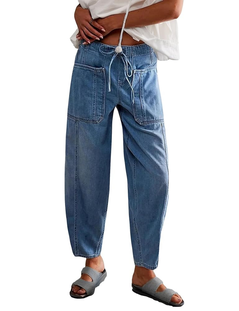 Women's Wide Leg Baggy Jeans Elastic Waist Barrel Jeans Trendy Loose Drawstring Ankle Denim Pants | Amazon (US)
