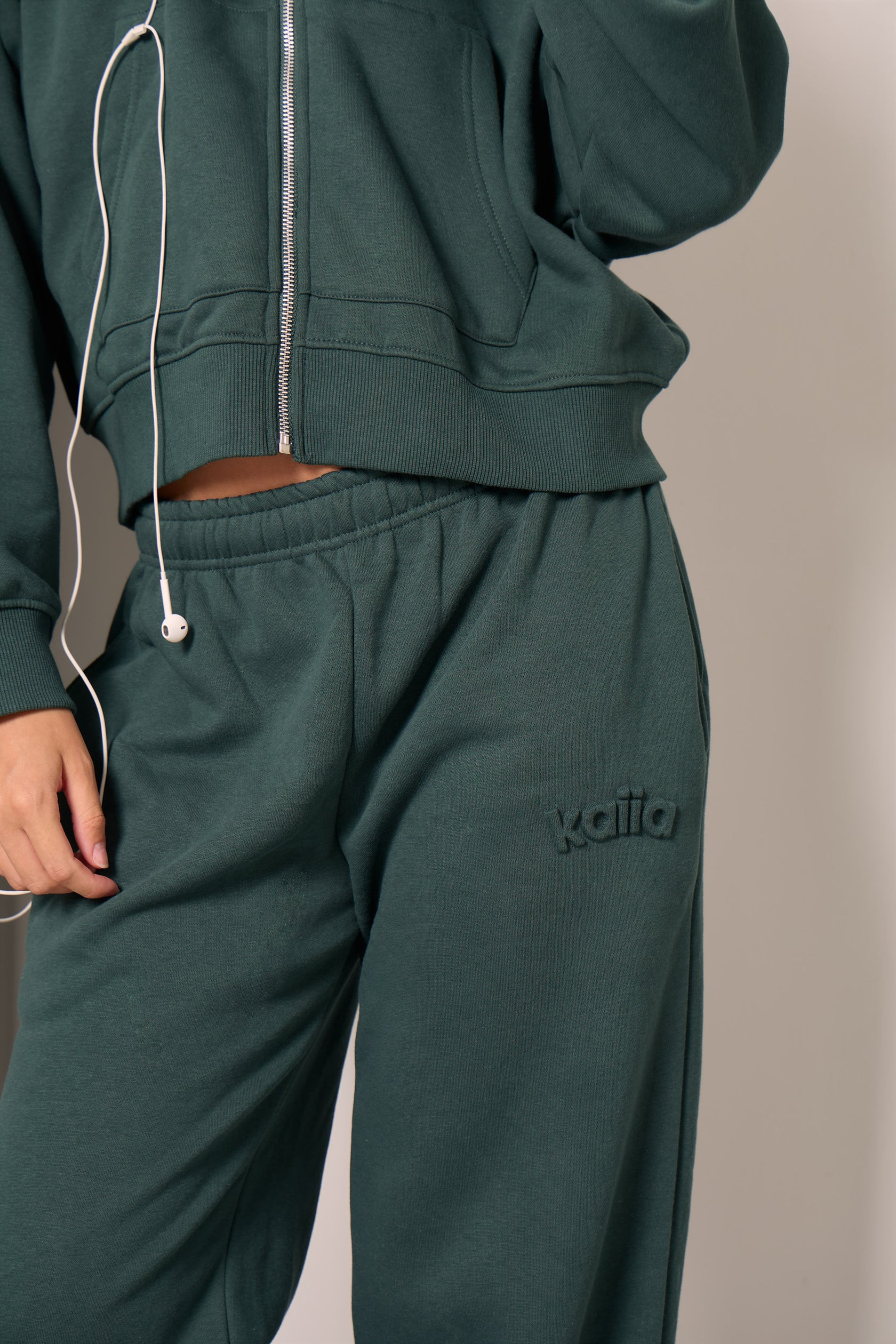 Kaiia Embossed Logo Wide Leg Joggers Forest Green | Kaiia the Label