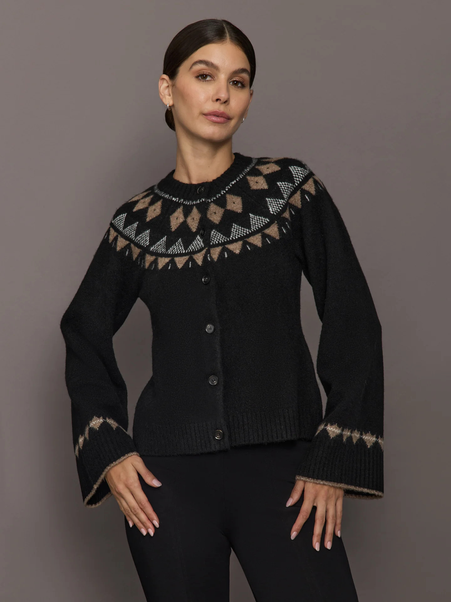 Carbon38 Fairisle Bell Sleeve Sweater Cardigan - Black/taupe/Cream - Size XS | Carbon38