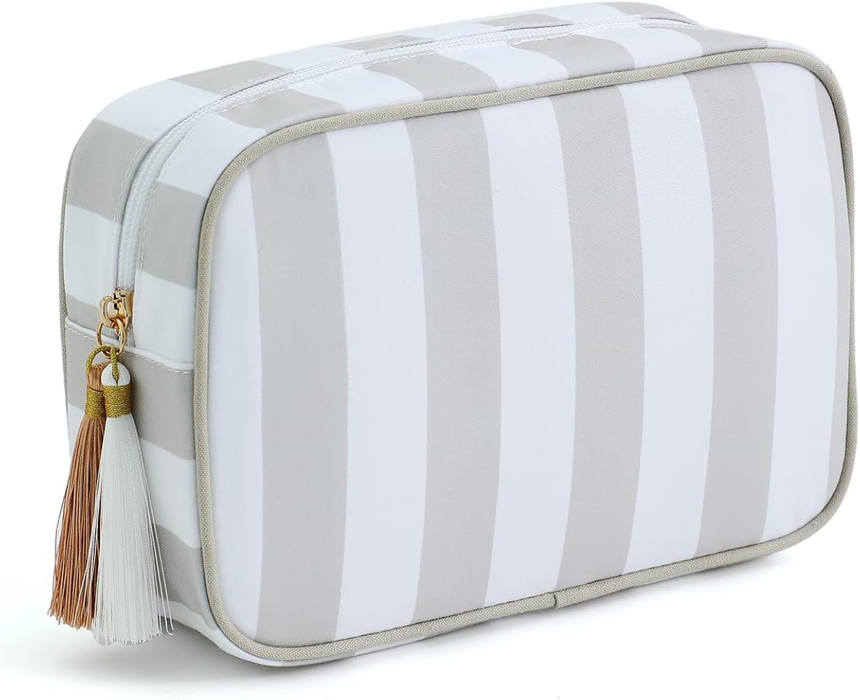 Stripe Makeup Bag Travel Cosmetic Bag Organizer Tassel Toiletry Bag Large Canvas Zipper Pouch and... | Amazon (US)