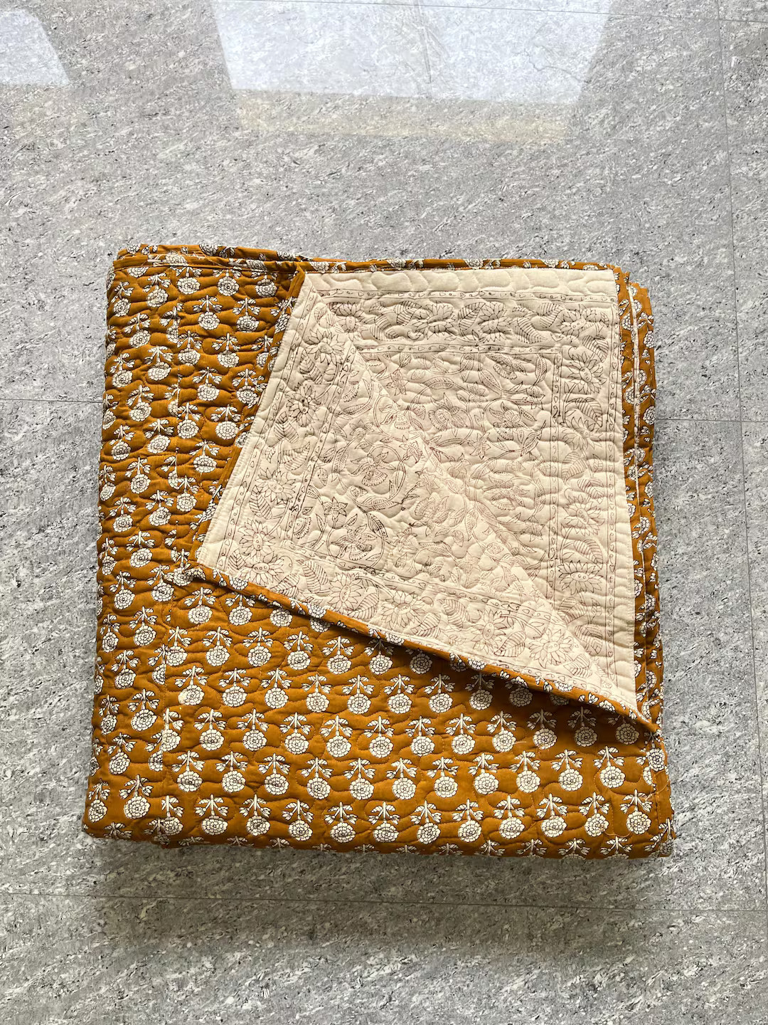 Hand Block Printed Kantha Quilt: Mustard Floral Cotton Reversible Bedspread | Etsy (US)