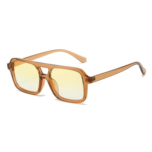 BAWUYI Retro Aviator Sunglasses Men Women Vintage 70s Square Glasses Double Bridge Trendy Rectangle Shades (Light Brown Frame/Gradient Yellow Lens) | Amazon (US)
