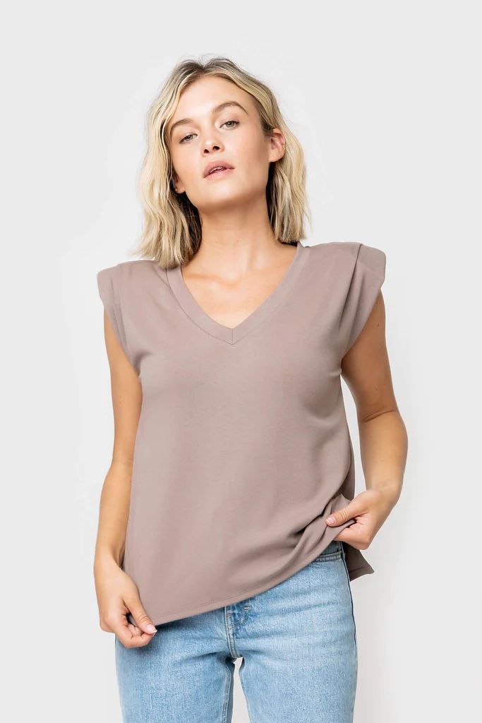 V-Neck Step Hem Tank with Pleated Sleeves | Gibson