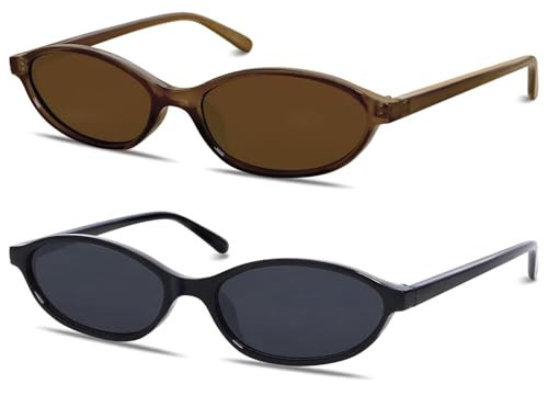 Oval Tiny 90s Vintage Retro Trendy Thin Skinny Sunglasses for Cool Chic Women Small Face (Brown+Black) | Amazon (US)