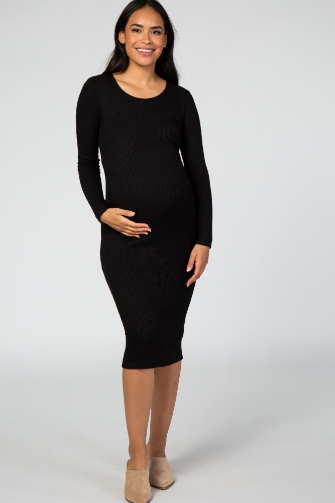 Black Ribbed Knit Maternity Midi Dress | PinkBlush Maternity