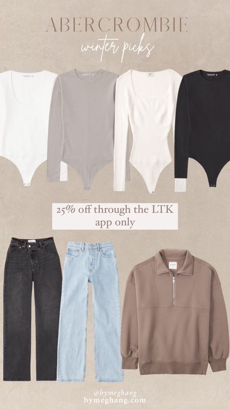 My Abercrombie favorites!!! 25% off through the ltk app only! These body suits are all I wear anymore they’re amazing! The pull over is so soft and the 90s Jeans I love because they’re comfortable! 

#LTKxAF #LTKstyletip #LTKsalealert