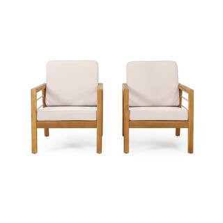 Noble House Mellie Teak Wood Lounge Chair with Beige Cushion (2-Pack) | The Home Depot