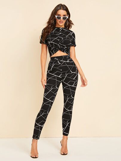 Geo Print Twist Crop Top & Pants Set | SHEIN